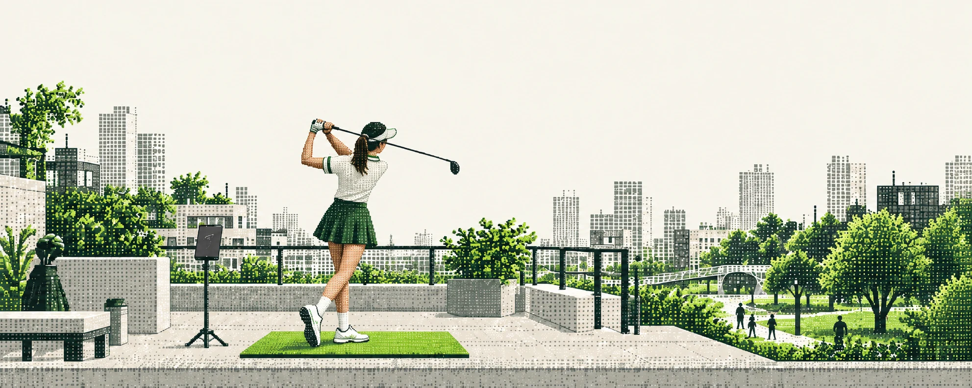 A woman practicing her golf swing on a city terrace, illustrated in green pixels.